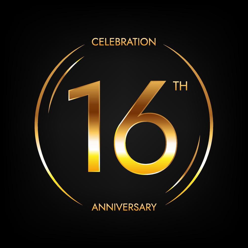 16 ° anniversario. sedici anni compleanno celebrazione bandiera nel luminosa d'oro colore. circolare logo con elegante numero design. vettore