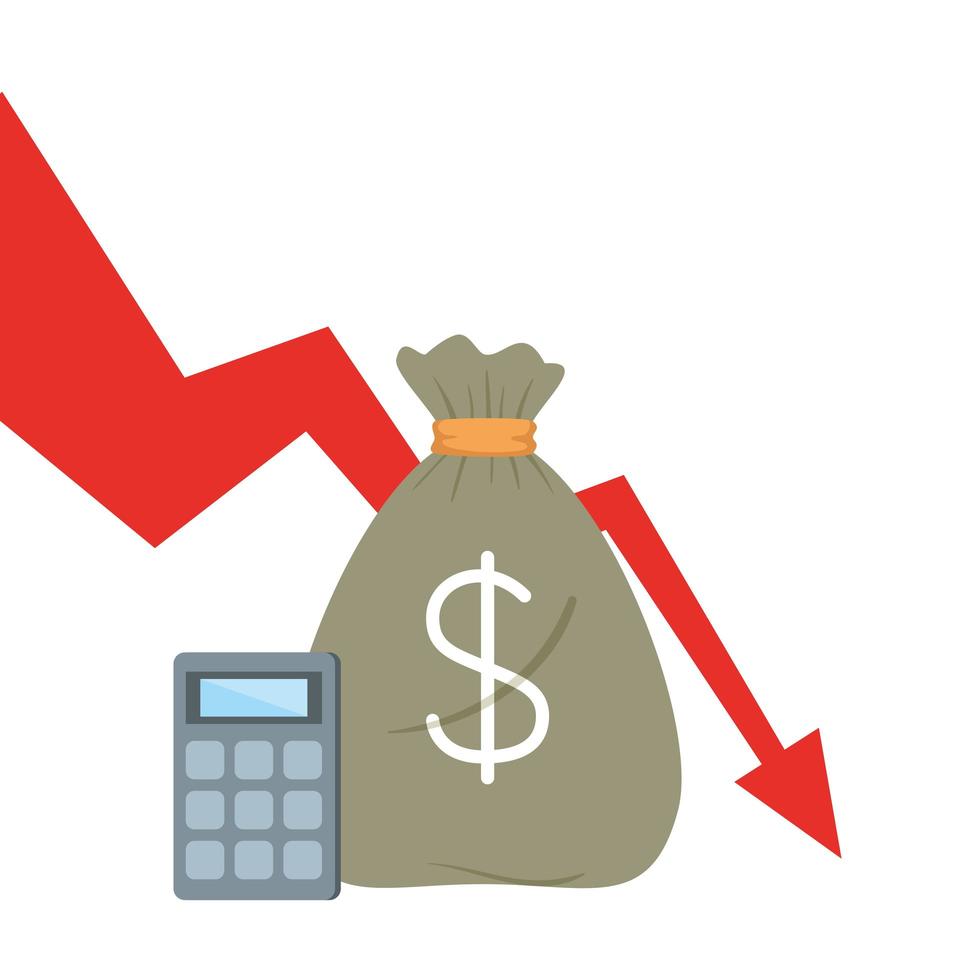 sacco di soldi e calcolatrice con disegno vettoriale freccia diminuzione