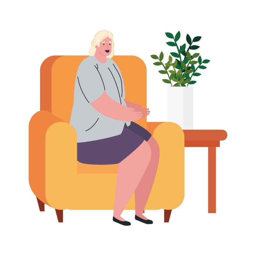 vecchia donna seduta nel divano con pianta in vaso su sfondo bianco vettore