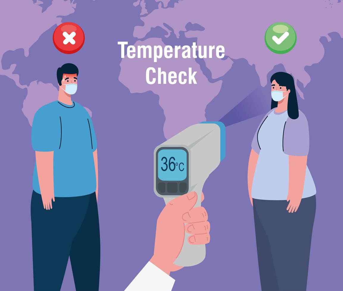 covid 19 coronavirus, mano che tiene il termometro a infrarossi per misurare la temperatura corporea, le persone controllano la temperatura vettore