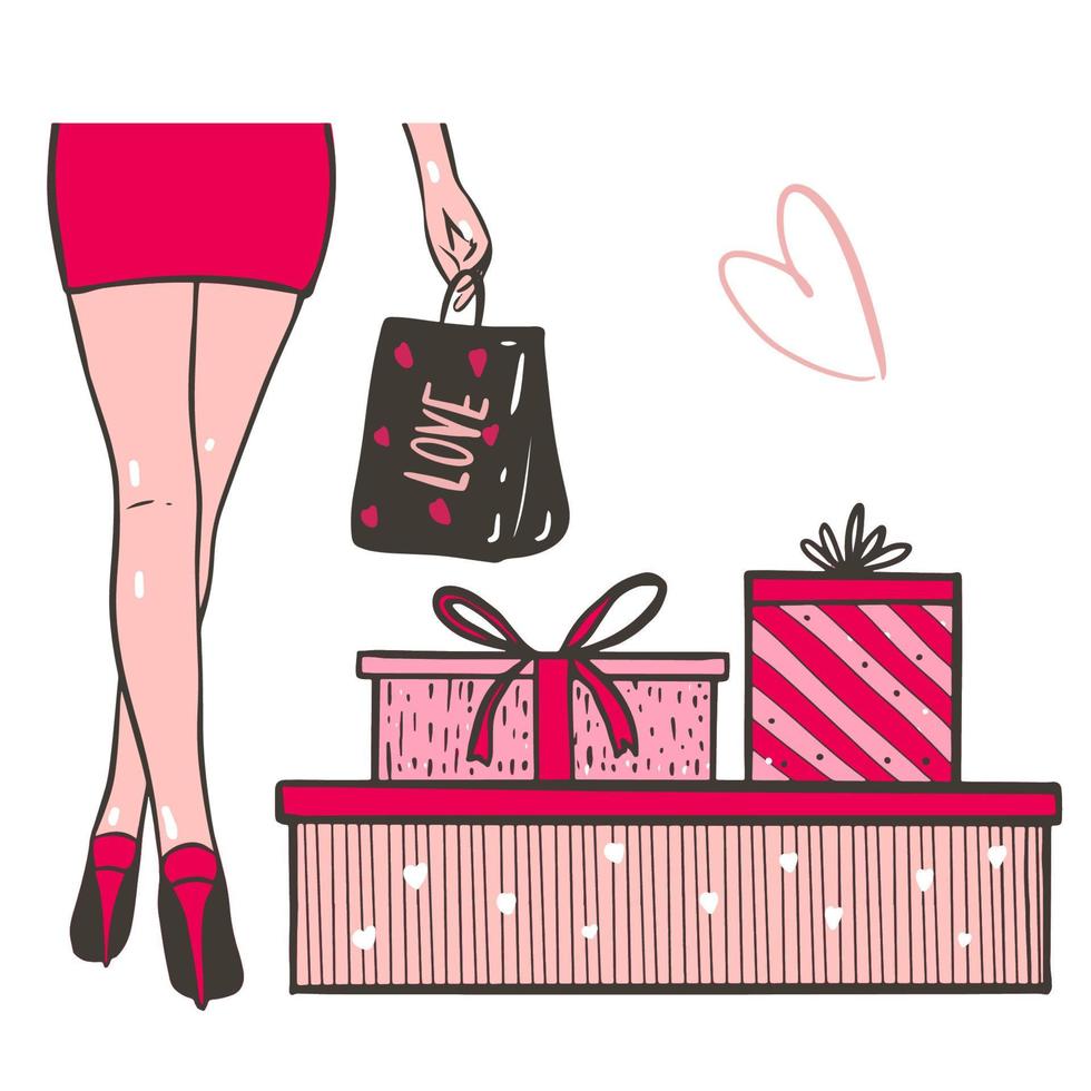 vettore ragazza nel alto tacchi, regalo scatole.design per san valentino giorno felice compleanno.