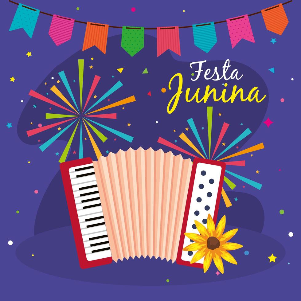 festa junina con fisarmonica e decorazioni, festival di giugno in brasile, decorazioni per celebrazioni vettore