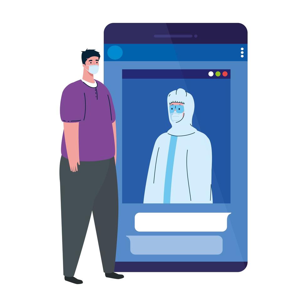smartphone, uomo che indossa una maschera medica, prevenzione delle app coronavirus covid 19, persona in tuta protettiva virale vettore