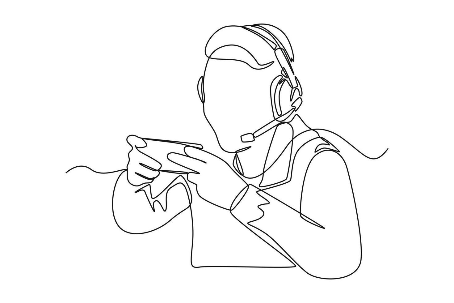 singolo uno linea disegno contento giovane uomo indossare cuffia giocando in linea video gioco su il suo smartphone. e-sport gioco concetto. continuo linea disegnare design grafico vettore illustrazione.
