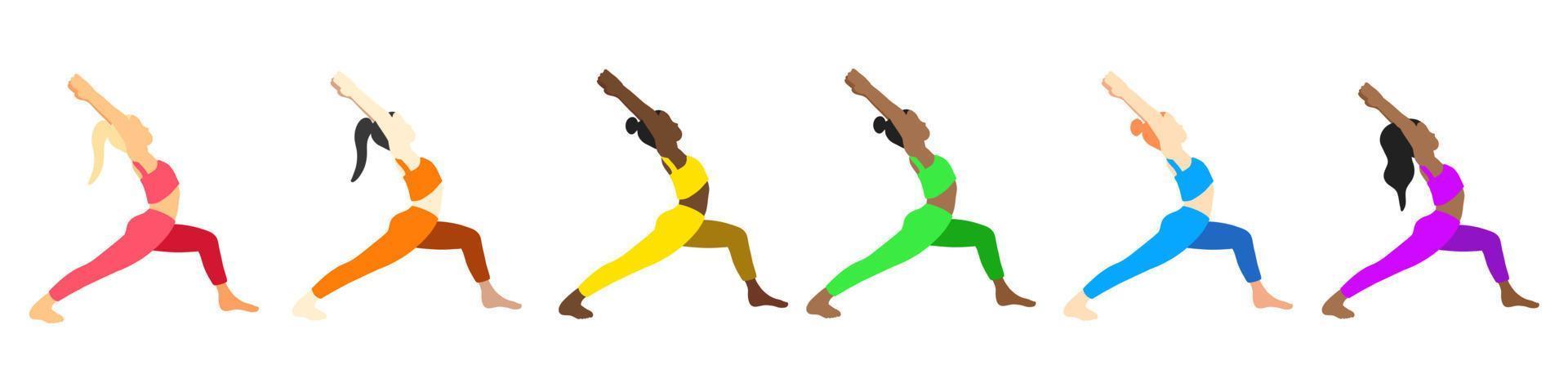 yoga pose collezione. europeo, africano, asiatico. femmina donna ragazza. vettore illustrazione nel cartone animato piatto stile isolato su bianca sfondo. lgbt colori.