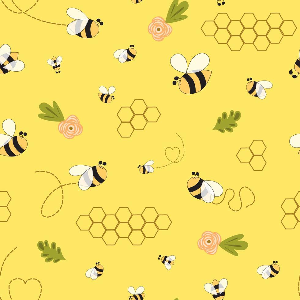 ape miele senza soluzione di continuità modello carino mano disegnato apiario design estate prato fiore ape Favo sfondo. bella ape dolce stoffa tessuto modello. naturale sfondo. apiario illustrazione giallo colori. vettore