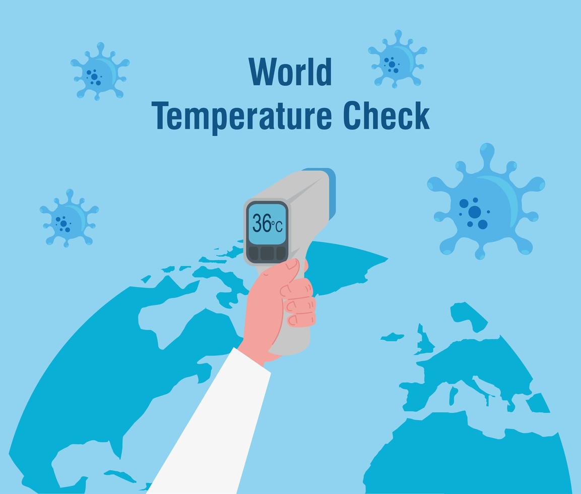 mano con termometro digitale a infrarossi senza contatto, mappa del mondo internazionale, prevenzione della malattia da coronavirus 2019 ncov vettore