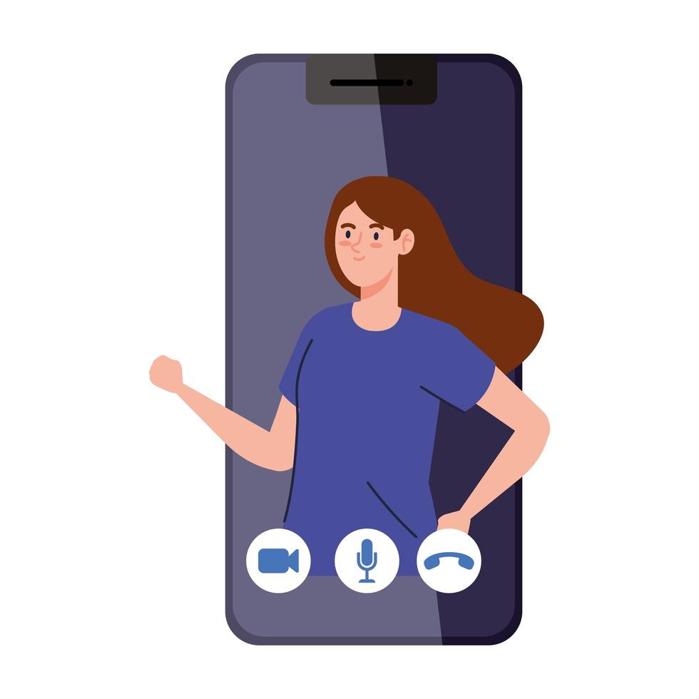 donna all'interno dello smartphone sullo schermo, videochiamata in conferenza vettore