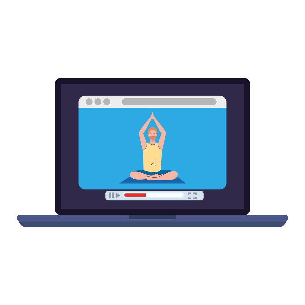 online, concetto di yoga, l'uomo pratica yoga e meditazione, guardando una trasmissione su un computer portatile vettore