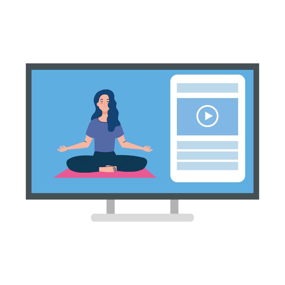 online, concetto di yoga, donna pratica yoga e meditazione, guardando una trasmissione su un computer vettore