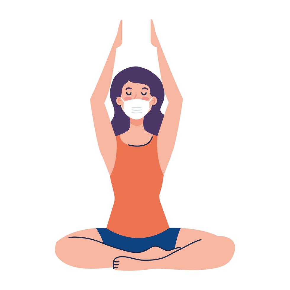 donna meditando indossando mascherina medica contro covid 19, concetto di yoga, meditazione, relax, stile di vita sano vettore
