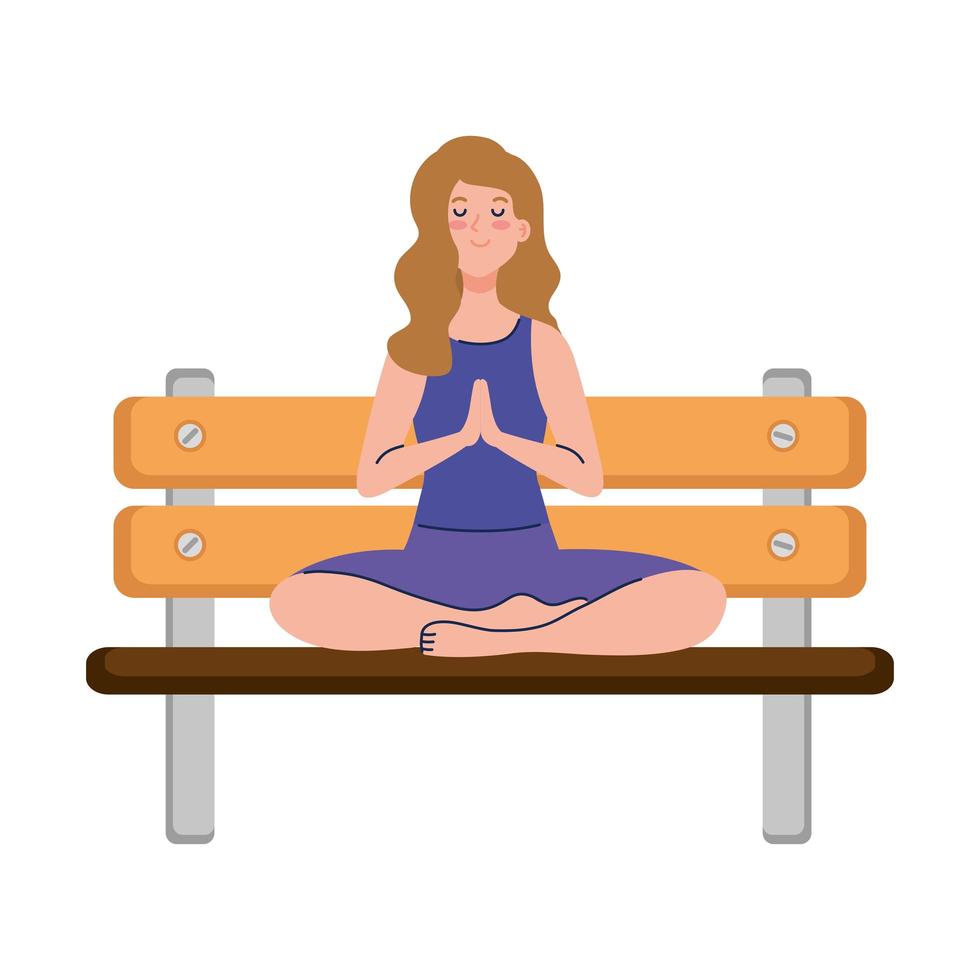 donna meditando seduto nella sedia in legno del parco, concetto per yoga, meditazione, relax, stile di vita sano vettore