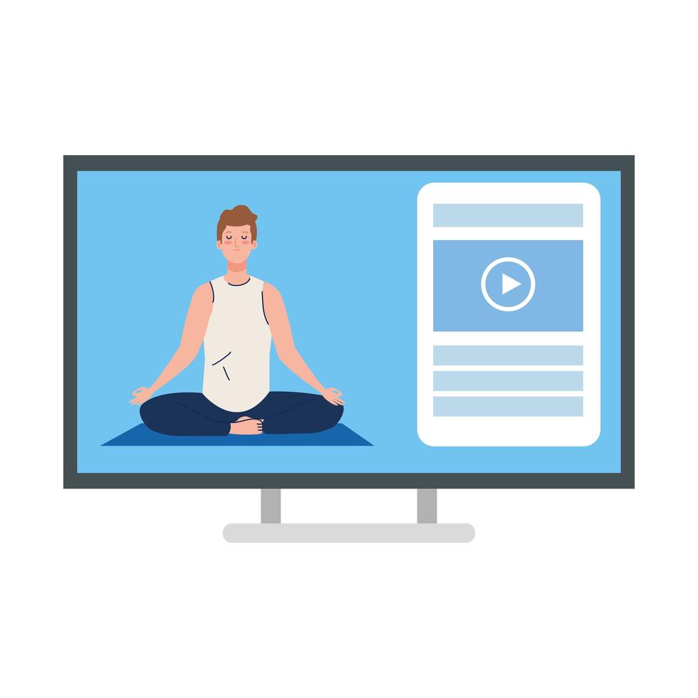 online, concetto di yoga, l'uomo pratica yoga e meditazione, guardando una trasmissione su un computer vettore