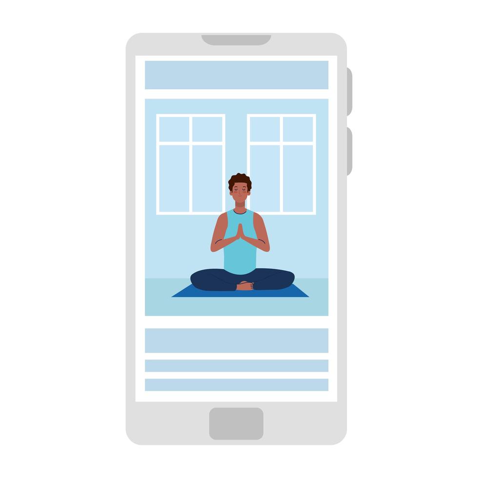 online, concetto di yoga, uomo afro pratica yoga e meditazione, guardando una trasmissione su uno smartphone vettore