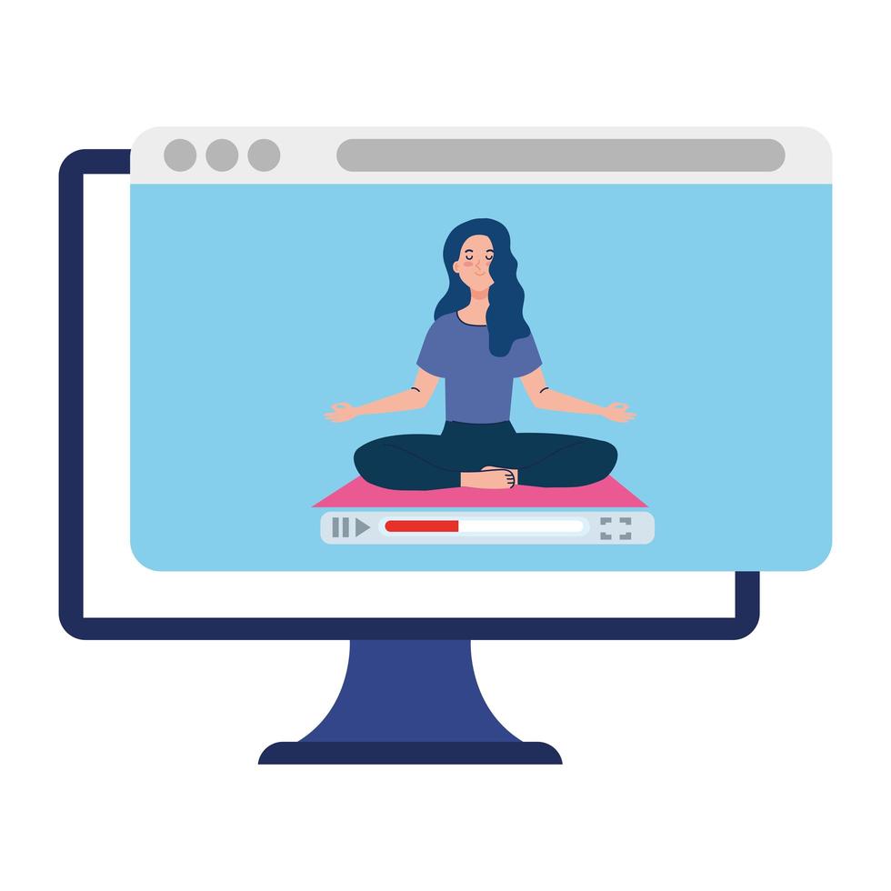 online, concetto di yoga, donna pratica yoga e meditazione, guardando una trasmissione su un computer vettore