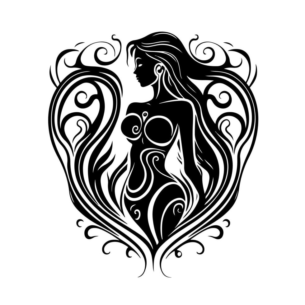 fiaba sirena nel il in profondità mare. decorativo illustrazione per logo, emblema, tatuaggio, ricamo, laser taglio, sublimazione. vettore