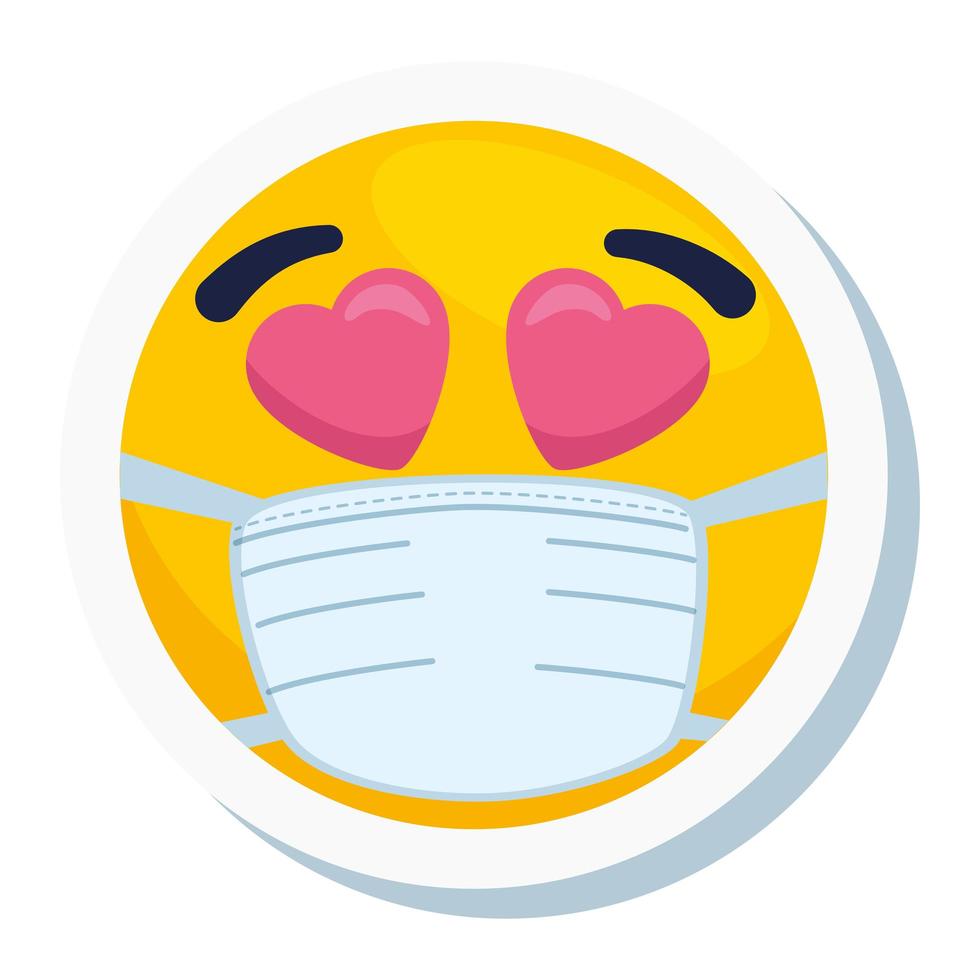 emoji adorabile che indossa una maschera medica, faccia gialla con un'adorabile icona bianca della maschera chirurgica vettore