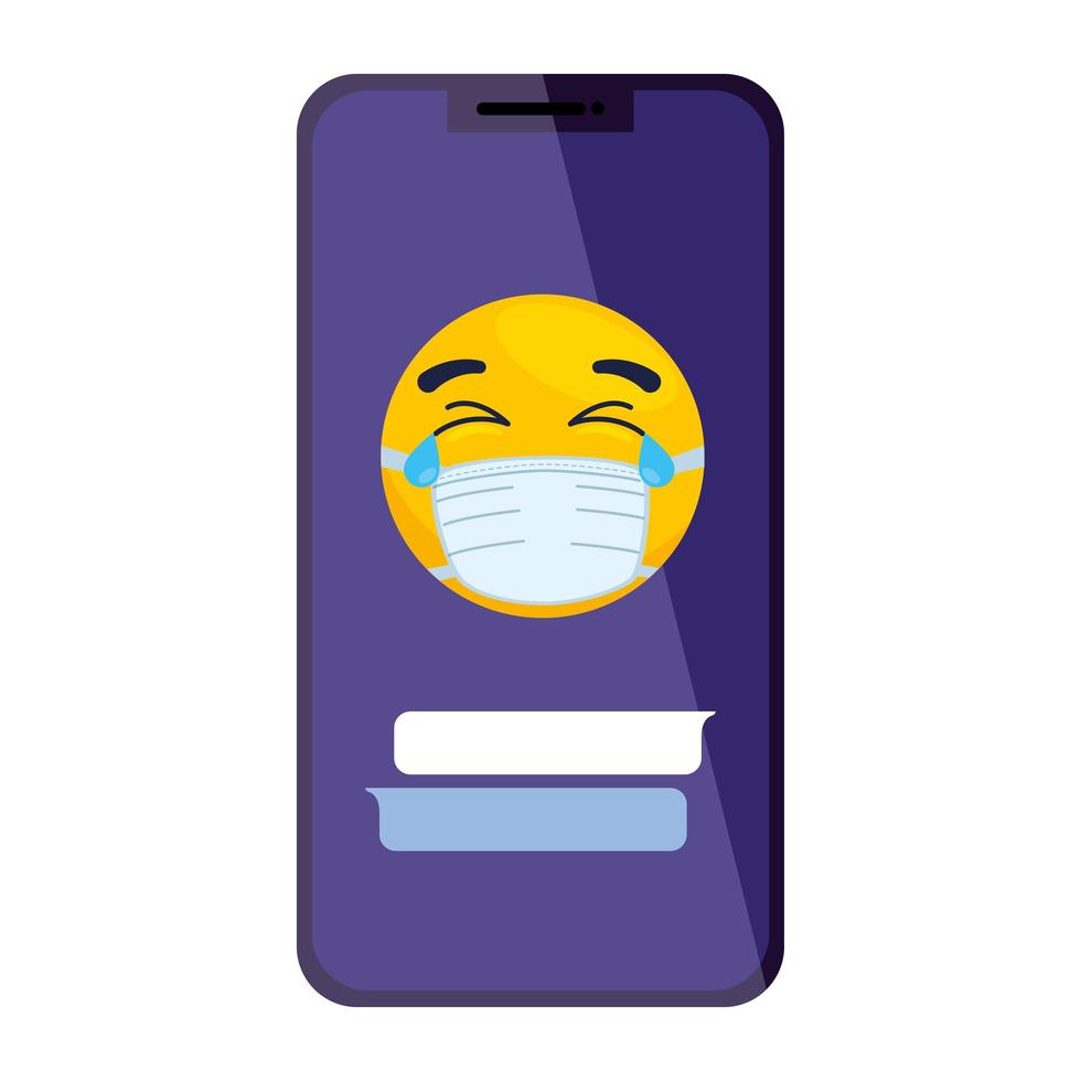 smartphone, emoji con gli occhi chiusi e le lacrime che indossano mascherina medica su sfondo bianco vettore