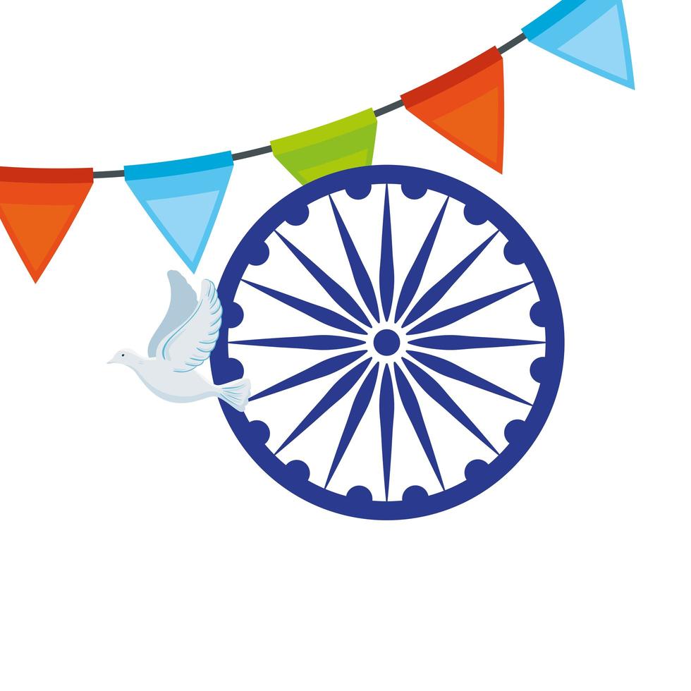 simbolo indiano della ruota blu ashoka, chakra ashoka con colomba volante e ghirlanda appesa vettore