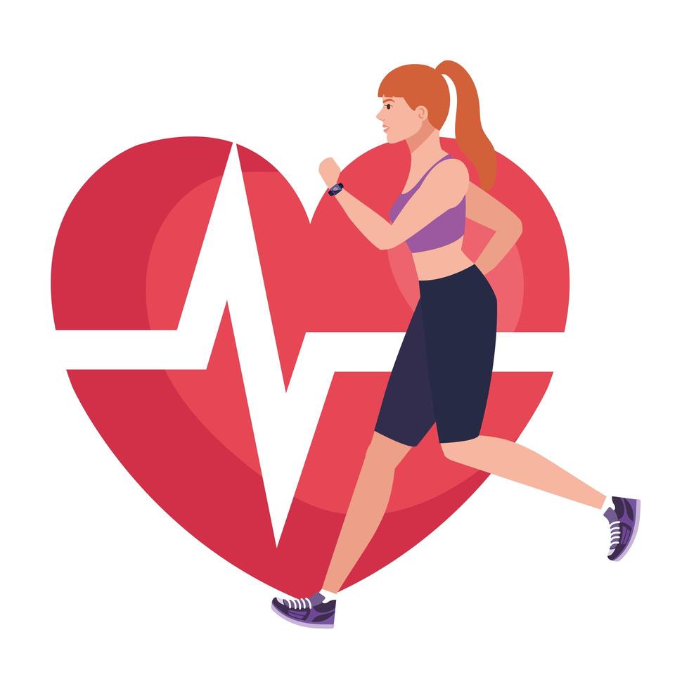 donna che corre con impulso cardiaco sullo sfondo, atleta femminile con cuore cardiologico vettore