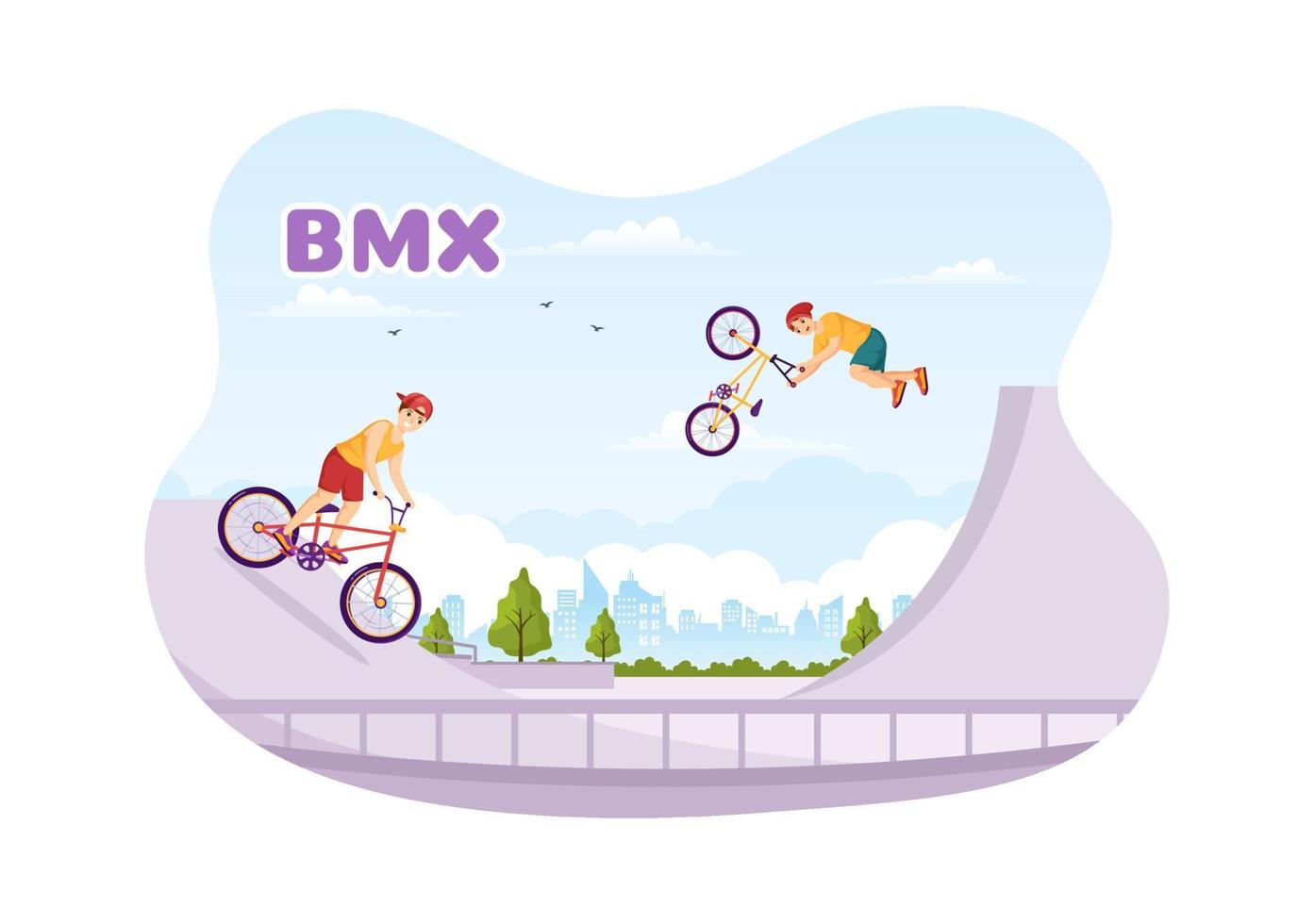 bmx bicicletta sport illustrazione con giovane persone equitazione biciclette per ragnatela bandiera o atterraggio pagina nel piatto cartone animato mano disegno sfondo modello vettore