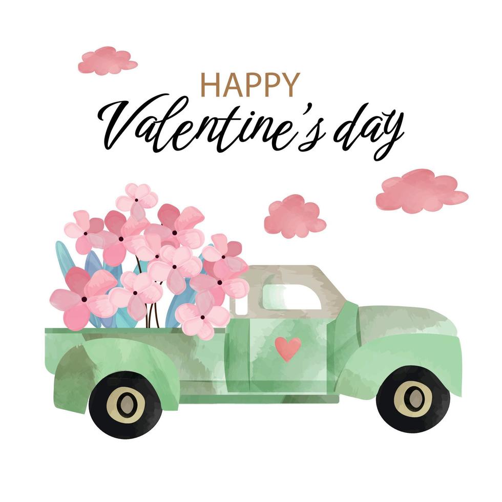 acquerello illustrazione di un' verde Raccogliere camion con fiori. San Valentino giorno.saluto carta macchina con fiori vettore