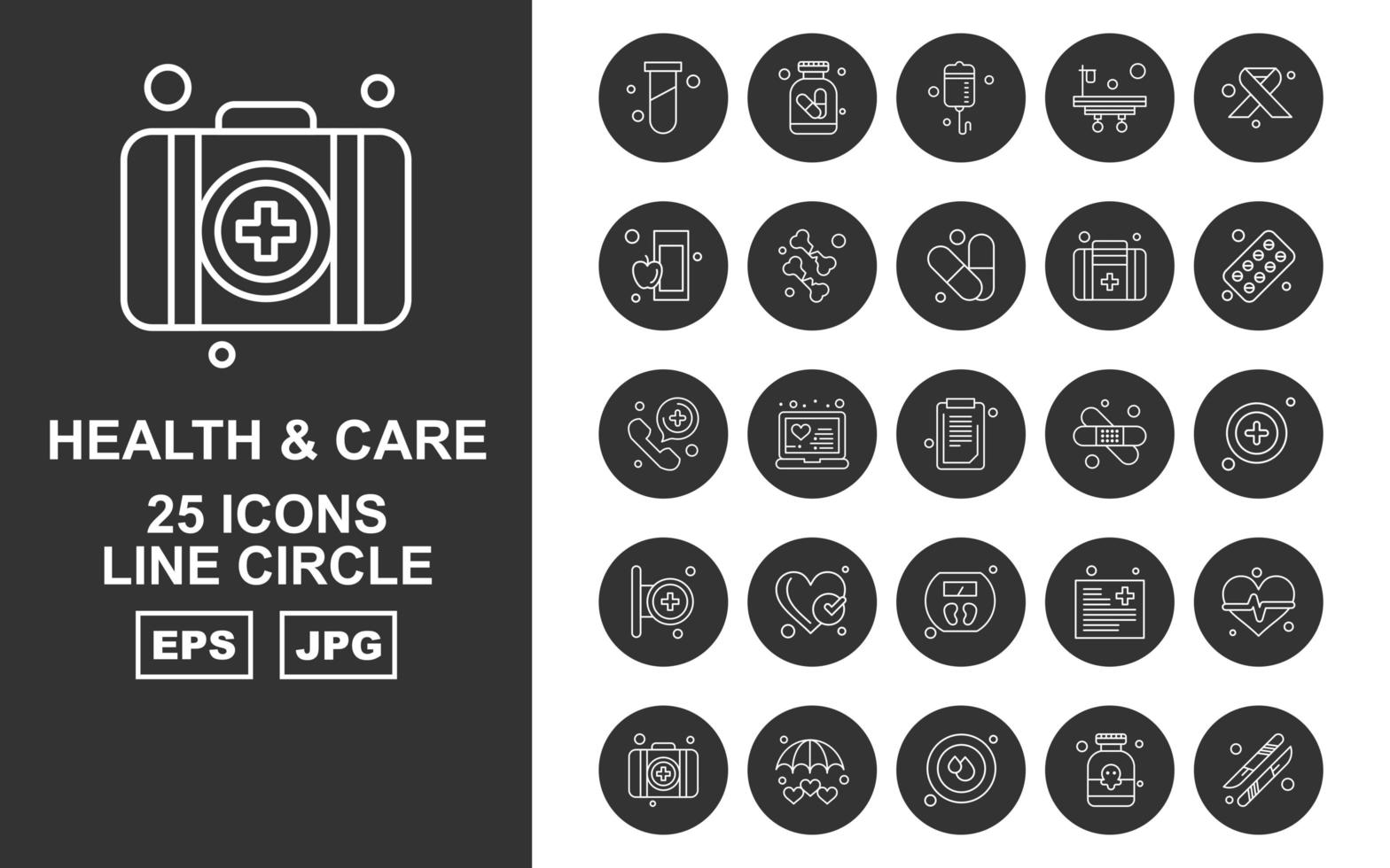 Pacchetto di 25 icone del cerchio della linea di assistenza sanitaria premium vettore
