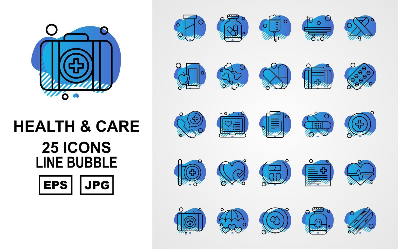 25 pacchetti di icone a bolle di linea premium di salute e cura vettore