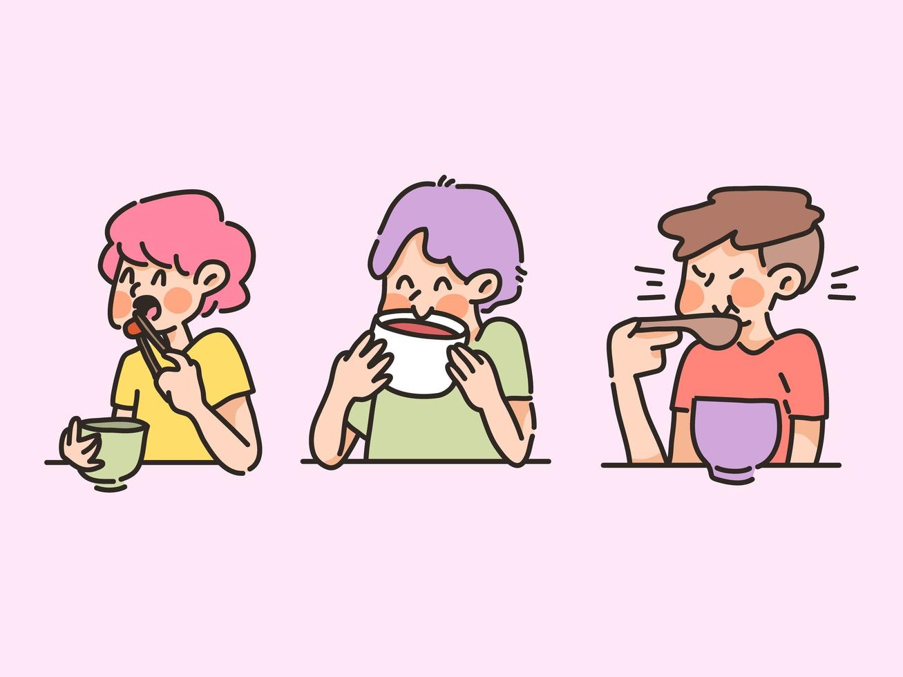 persone che mangiano zuppa di cibo felice cibo sano simpatico cartone animato illustrazione raccolta vettore