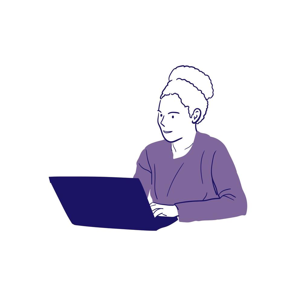 minimalista mano disegnato illustrazione di donna Lavorando nel davanti di il computer portatile vettore