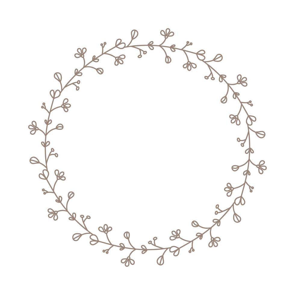 cornice della corona con foglie e rami. arredamento di design con copyspace isolato su bianco. ghirlanda floreale ed erbe abbozzata. stile vettoriale disegnato a mano, illustrazione della natura