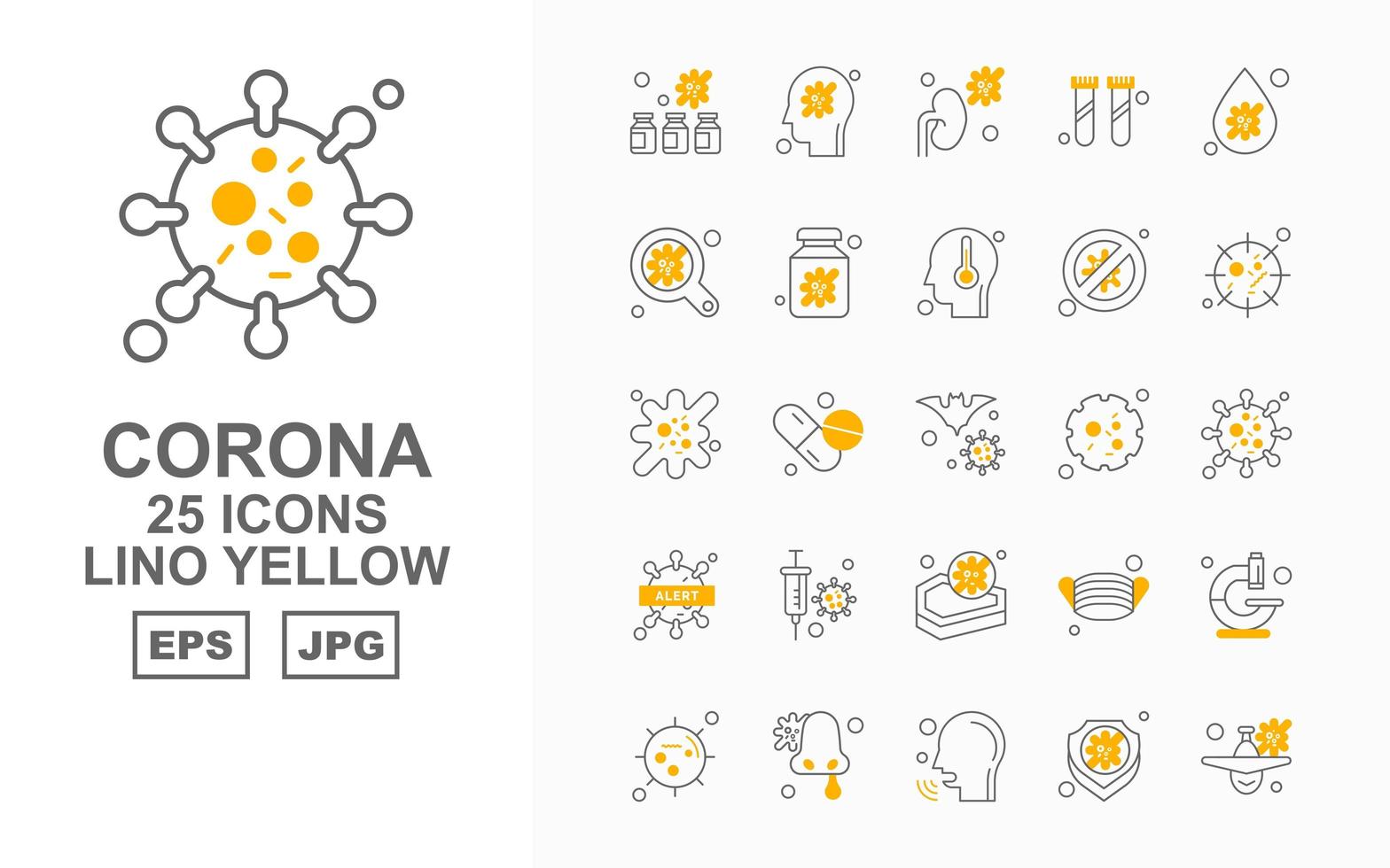 25 premium corona virus lino giallo icon pack vettore