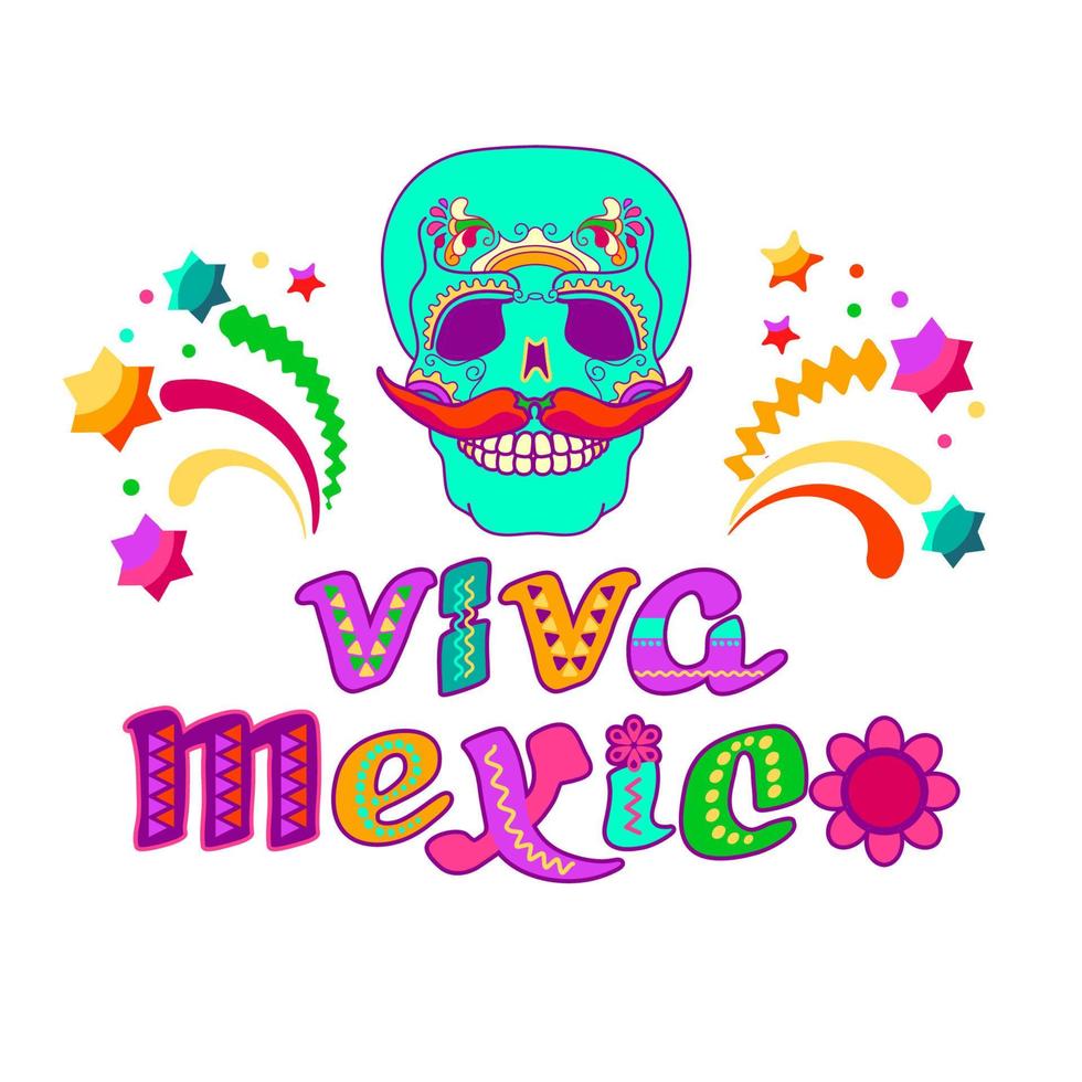 Viva Messico, decorato logo. cartone animato lettere, cranio, stelle. vettore illustrazione.