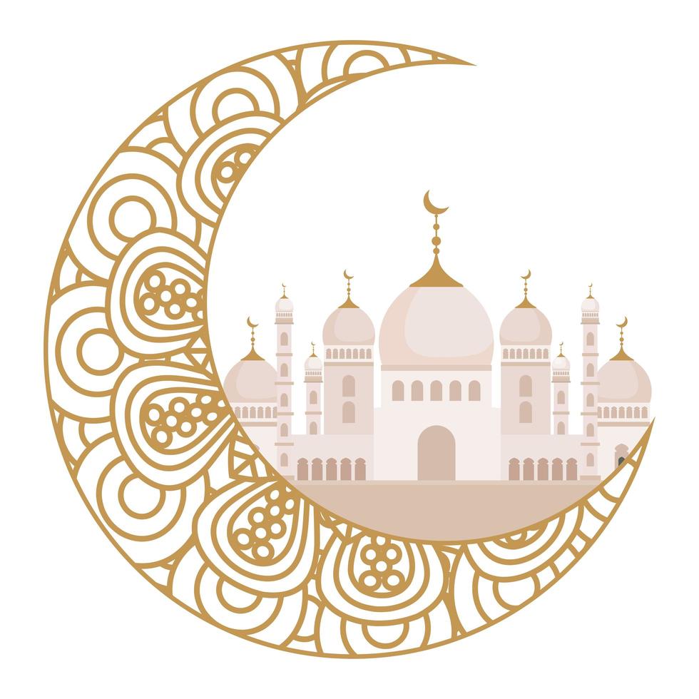 eid celebrazione ornamento su sfondo bianco, luna con moschea vettore
