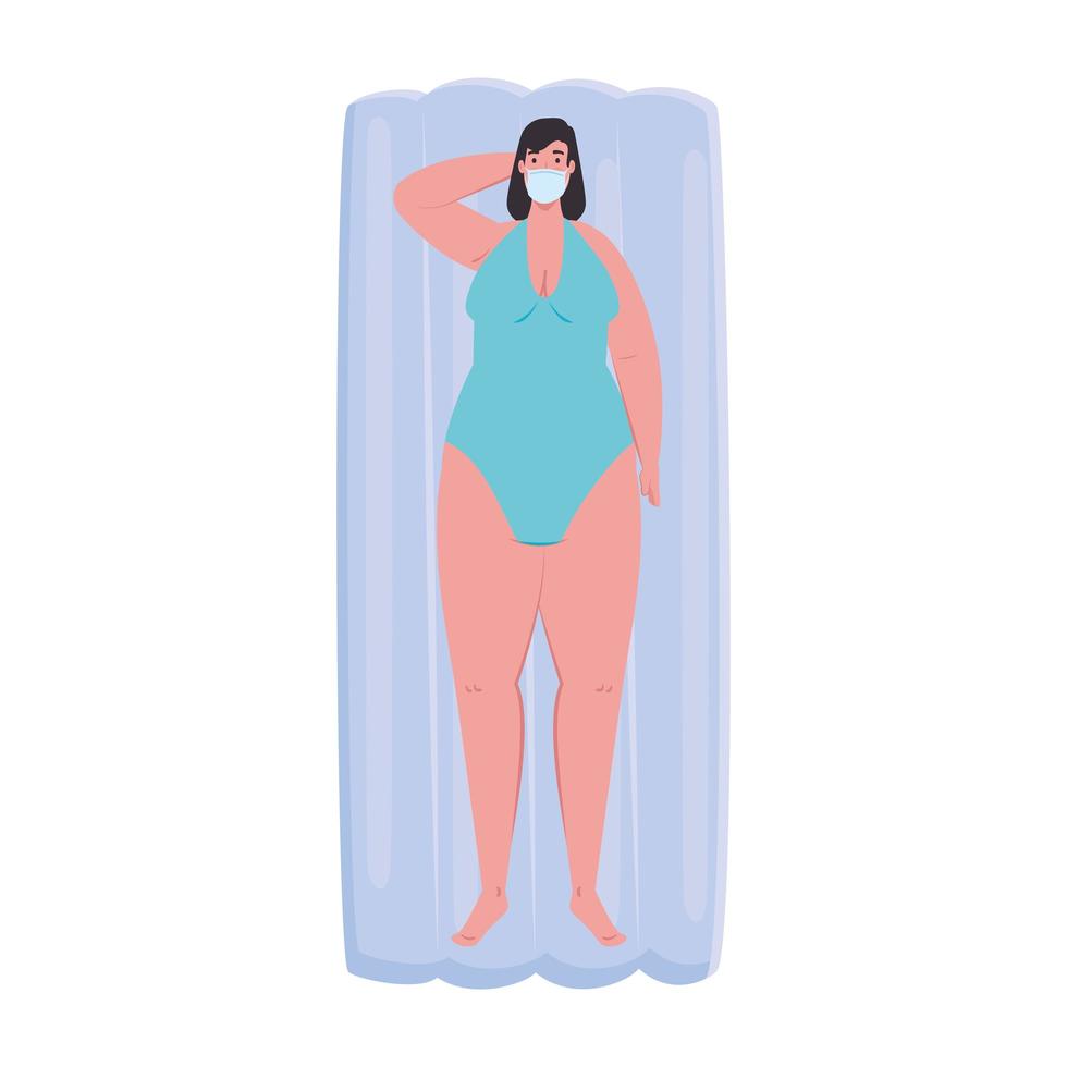 carina donna grassoccia che indossa una maschera medica sdraiata su un galleggiante gonfiabile, covid 19 vacanze estive vettore