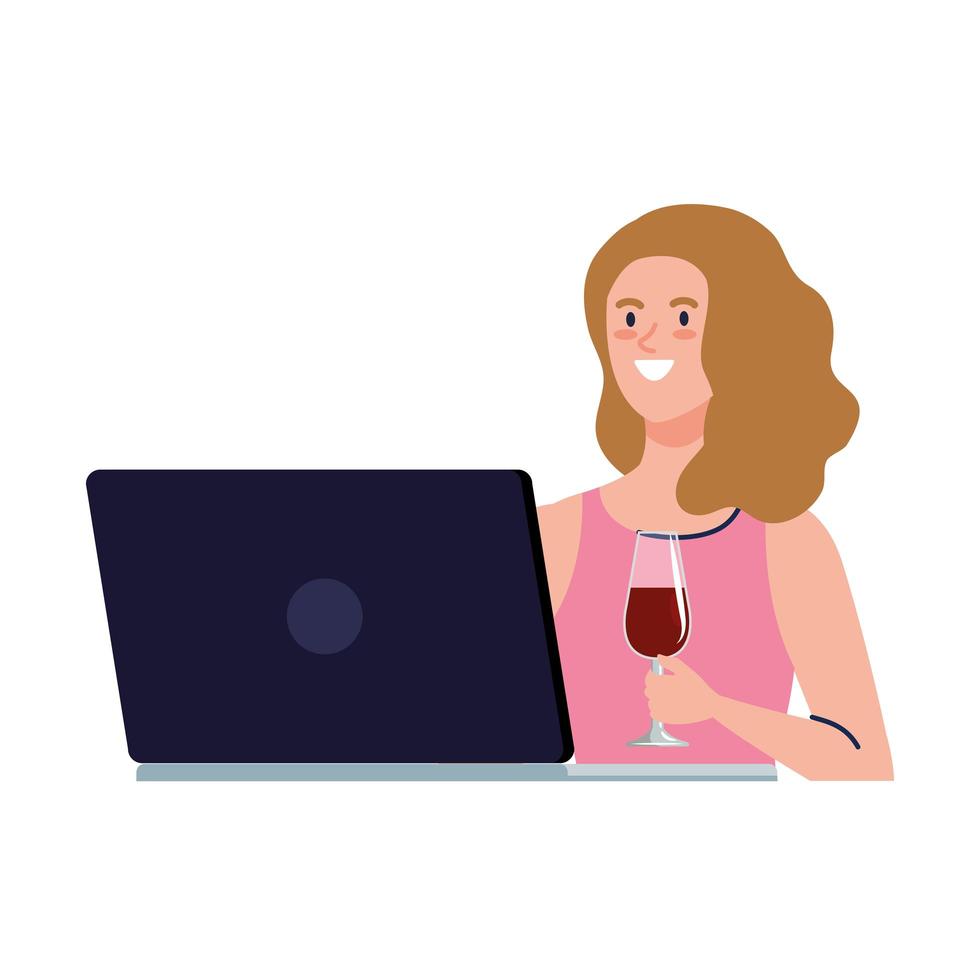 festa online, donna con laptop, festa online in quarantena, festa online con webcam vettore