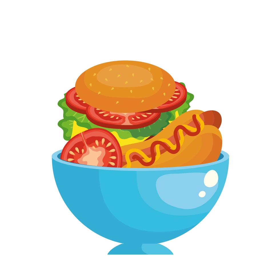 hamburger hot dog e pomodoro all'interno della ciotola disegno vettoriale