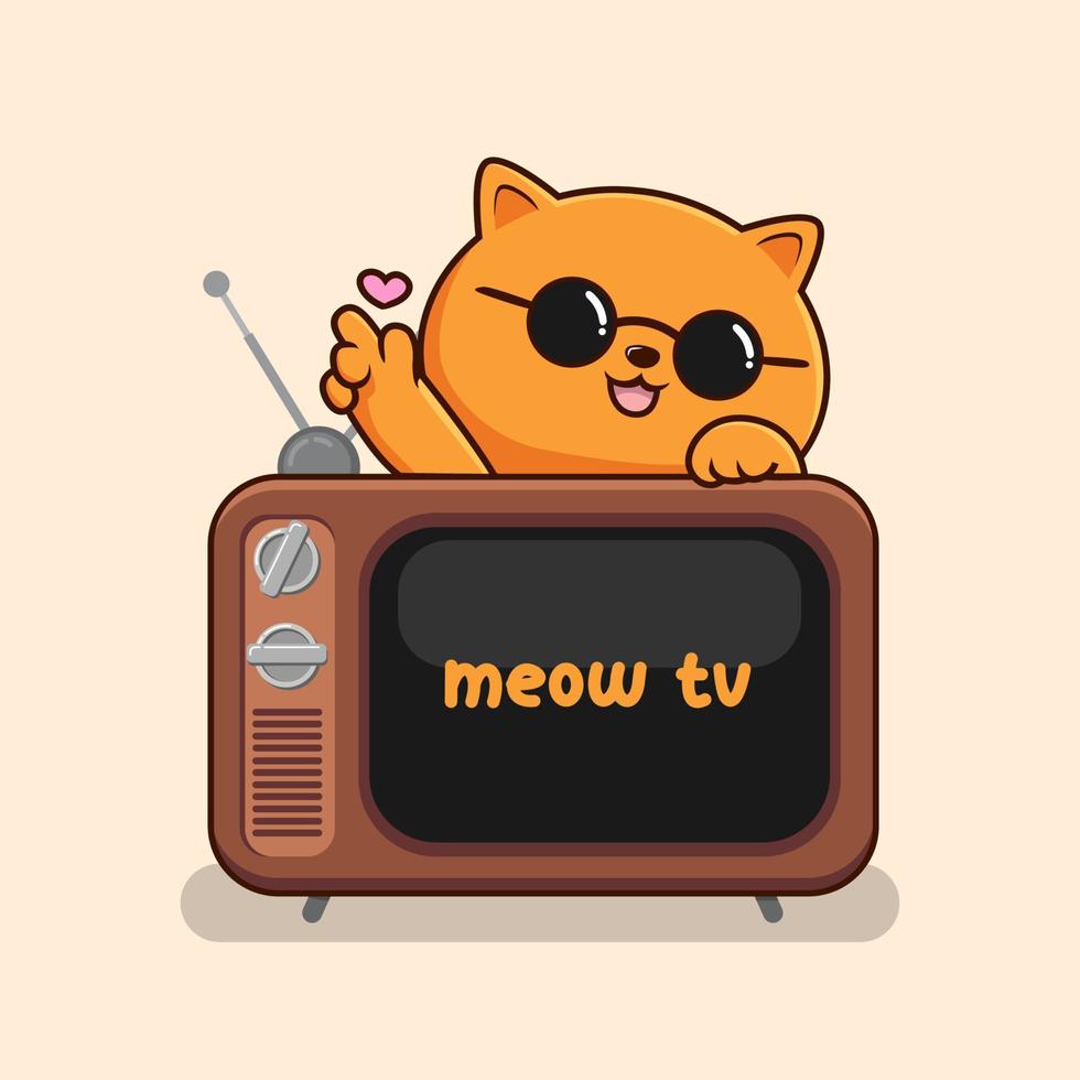 arancia gatto con cerchio bicchieri dietro a tv amore mano - carino arancia gatto sopra tv vettore