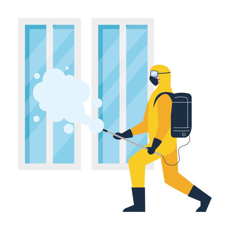 persona in tuta o indumenti protettivi, spruzzare per pulire e disinfettare il virus nella finestra, malattia di covid 19 su sfondo bianco vettore
