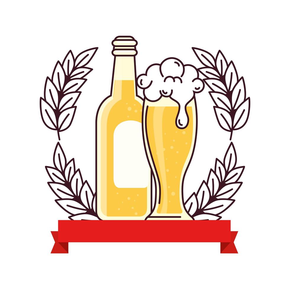 bottiglia con un bicchiere di birra e spike con decorazione a nastro su sfondo bianco vettore
