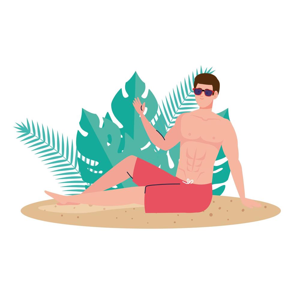 uomo in pantaloncini seduto sulla spiaggia con decorazione di foglie tropicali, stagione delle vacanze estive vettore