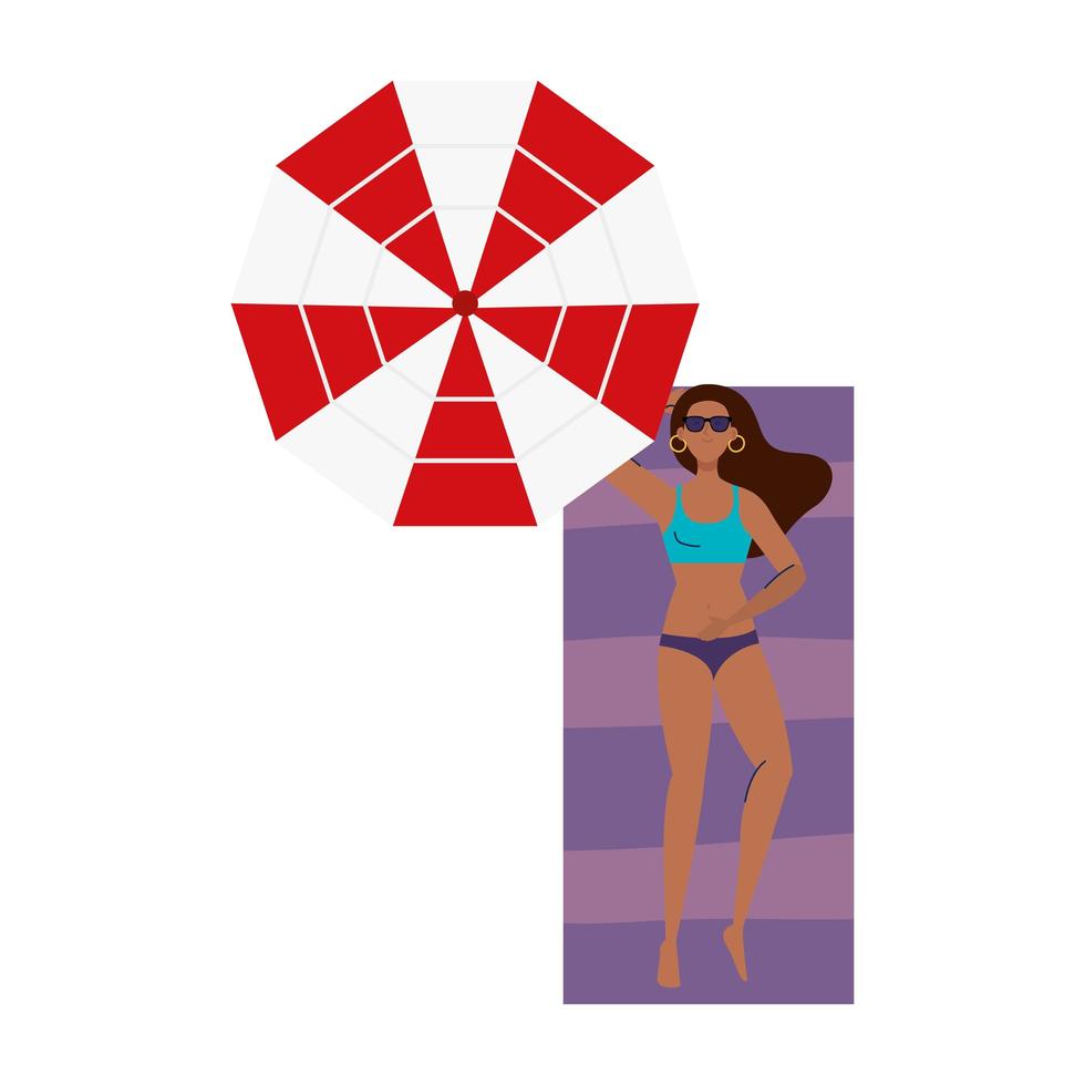 vista aerea, donna afro con costume da bagno sdraiato, abbronzatura su asciugamano, con ombrellone, stagione delle vacanze estive vettore