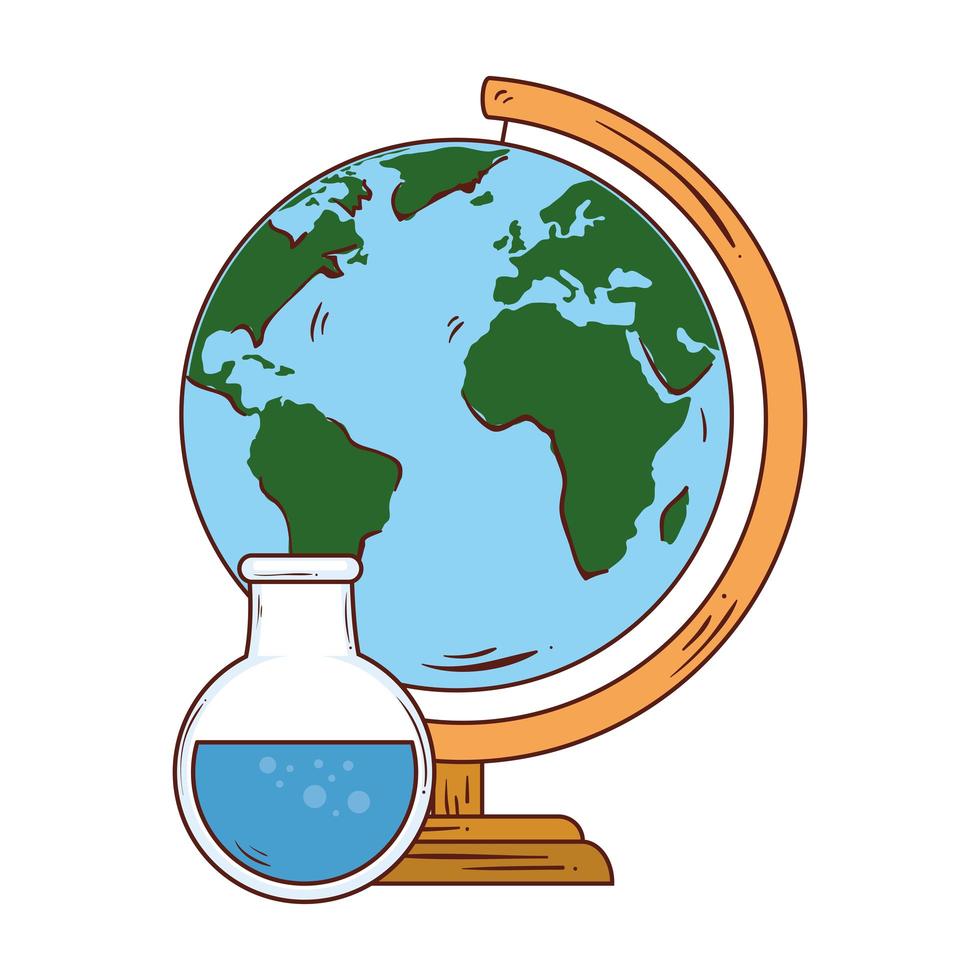 simbolo della scuola, test in provetta con materiale scolastico mondiale del pianeta terra vettore