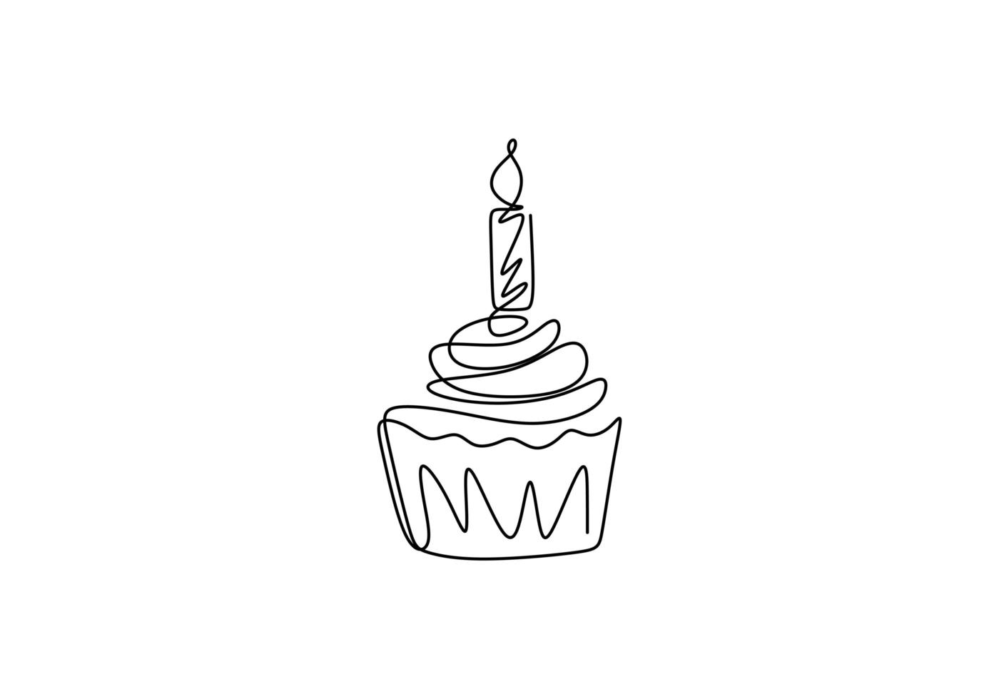 disegno a tratteggio continuo della torta di compleanno con candela. vettore