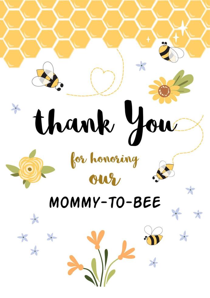 ape bambino doccia invito modello. grazie voi per onorare mammina per ape, poco Miele. dolce carta con Favo sfondo. carino giallo Grazie carta design con api. ape illustrazione. vettore