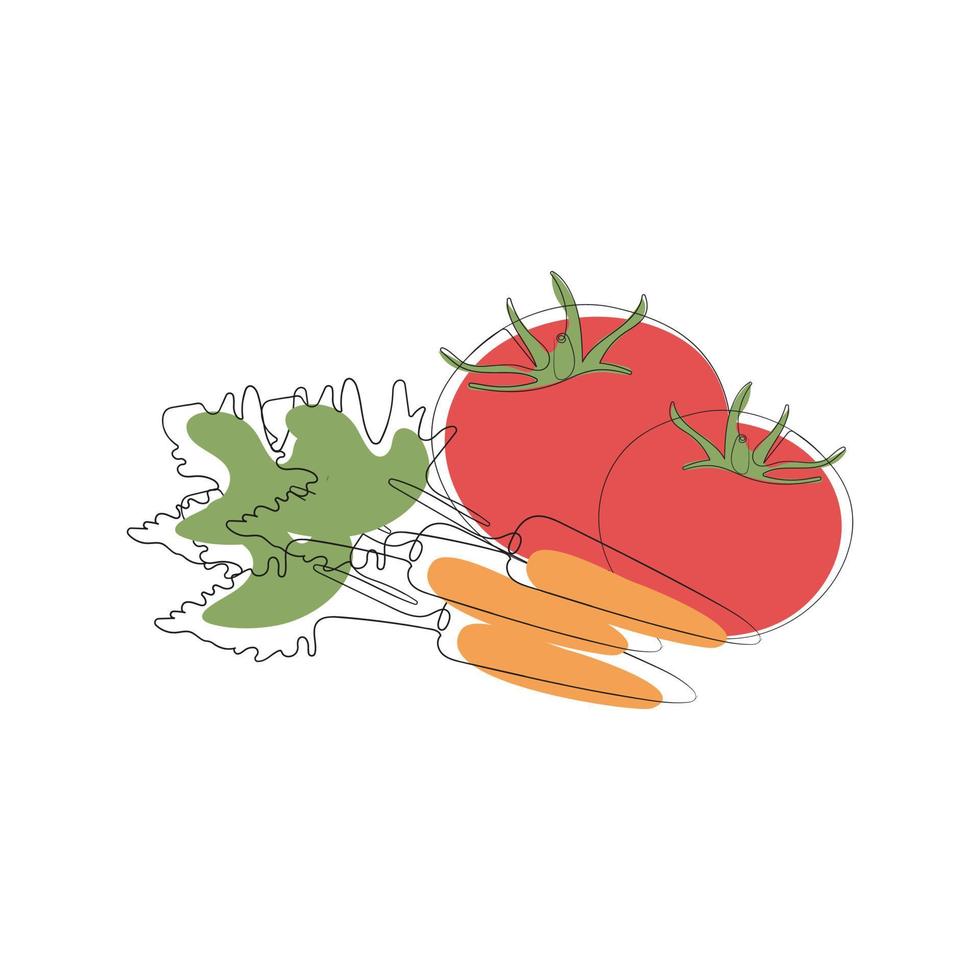 colorato continuo uno linea arte di salutare biologico vegetariano cibo. verdure - pomodoro e carota. mano disegnato vettore illustrazione.