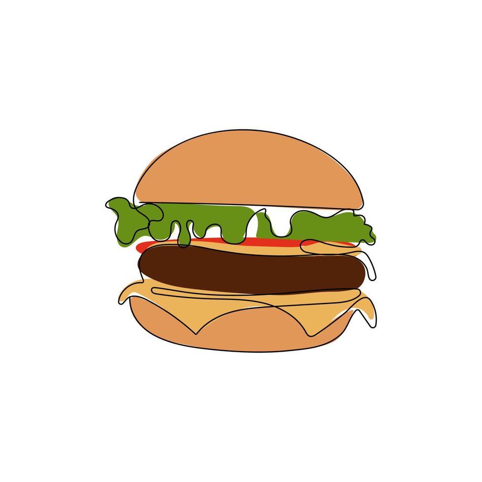 Hamburger nel uno continuo linea disegno stile. veloce cibo cheeseburger. strada cibo concetto. mano disegnato vettore illustrazione.