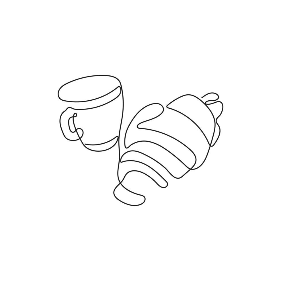 brioche e tazza di caffè nel uno linea disegno stile. prima colazione tema con Pasticcino e caffè per bar, negozio, pasticceria. mano disegnato vettore illustrazione.
