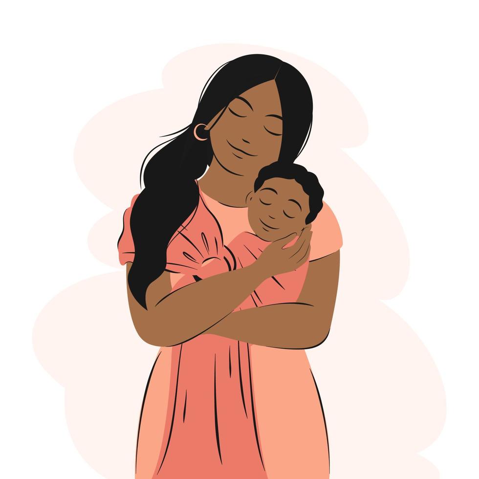 giovane africano americano donna è Tenere neonato bambino. famiglia, Salute, cura, maternità concetto, contento La madre di giorno. piatto vettore illustrazione.