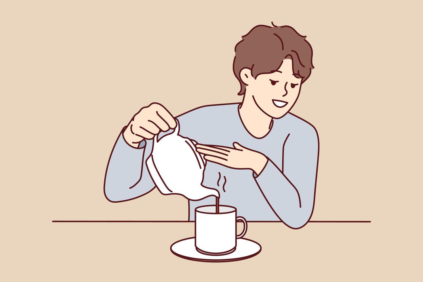 giovane uomo sedersi a scrivania scrosciante tè nel tazza a partire dal bollitore. sorridente tipo godere caldo caffè nel boccale a casa. vettore illustrazione.